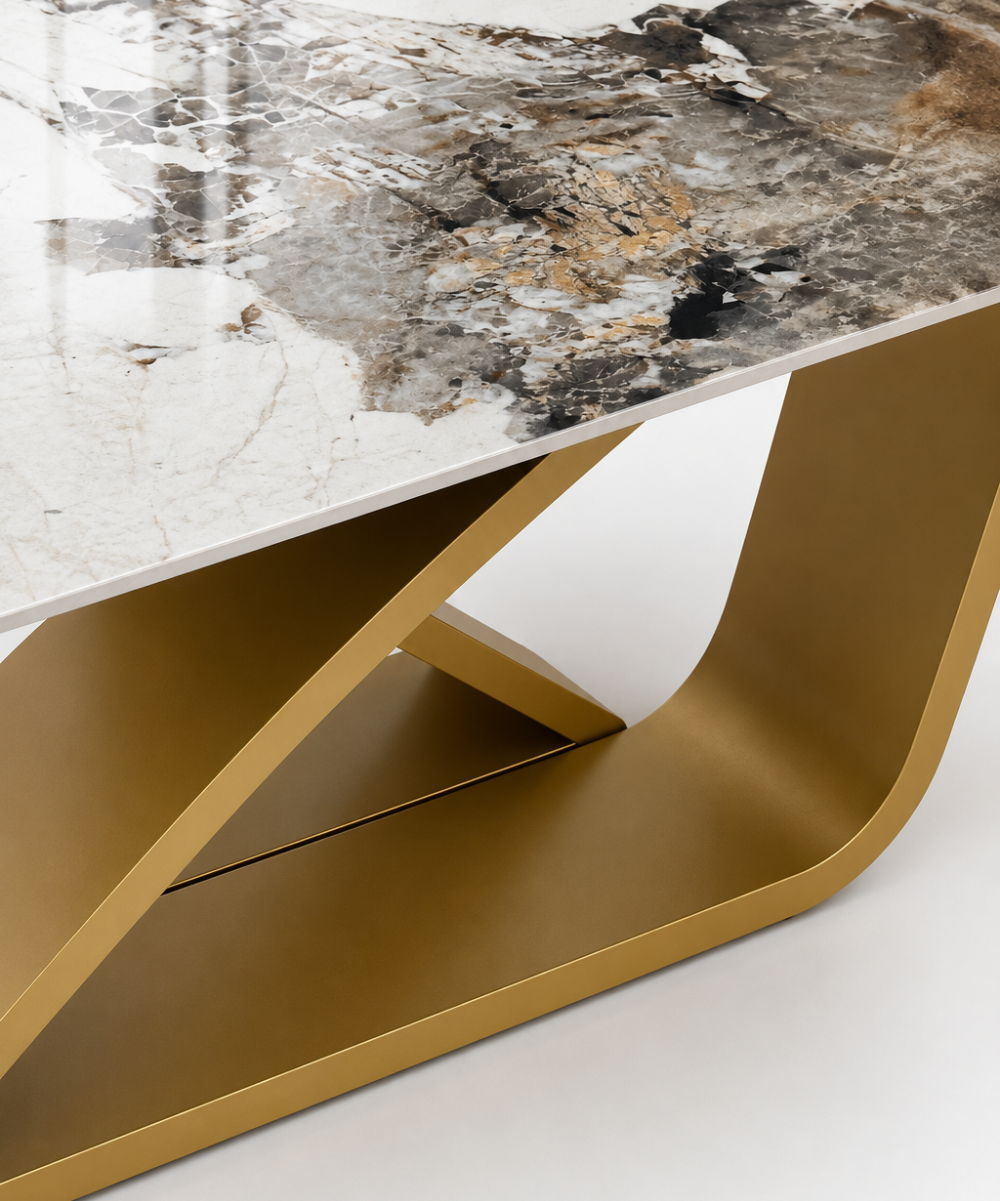 Mesa de Comedor Vero | Mesa con Top Cerámico Brillante y Base de Metal