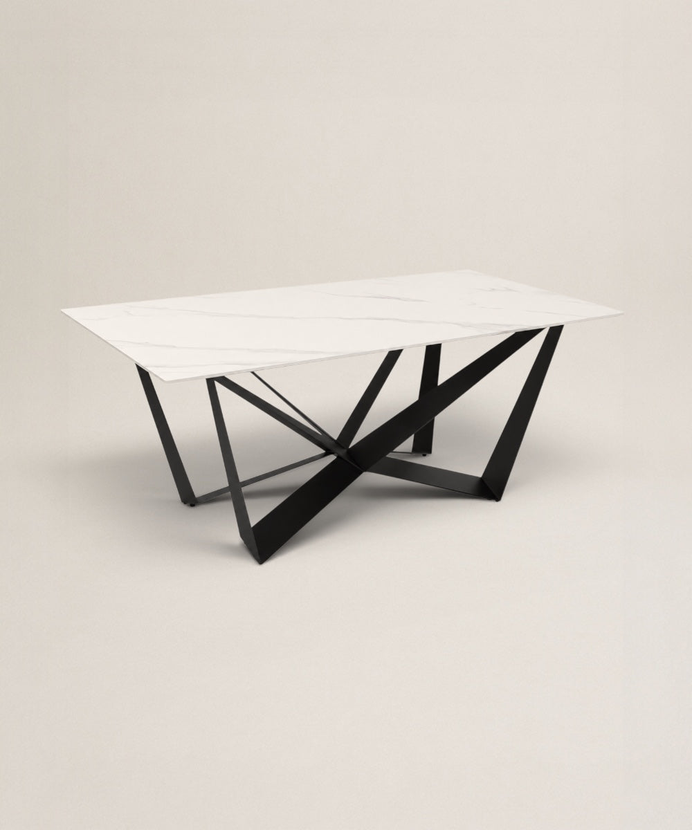 Mesa de Comedor Volta | Mesa con Top Cerámico Marmoleado y Base de Metal Negra