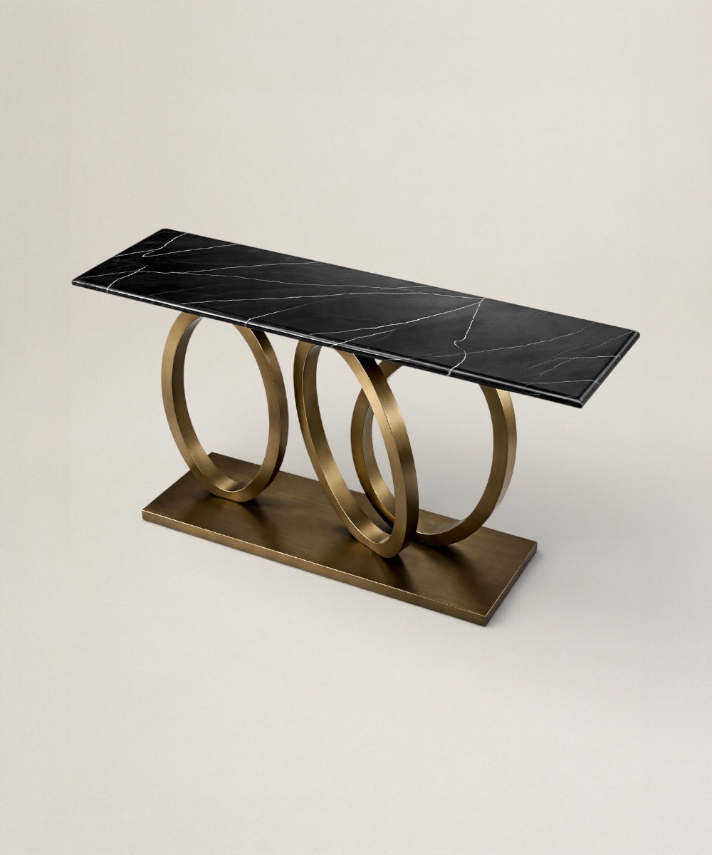 recibidor base de metal con top de mármol negro