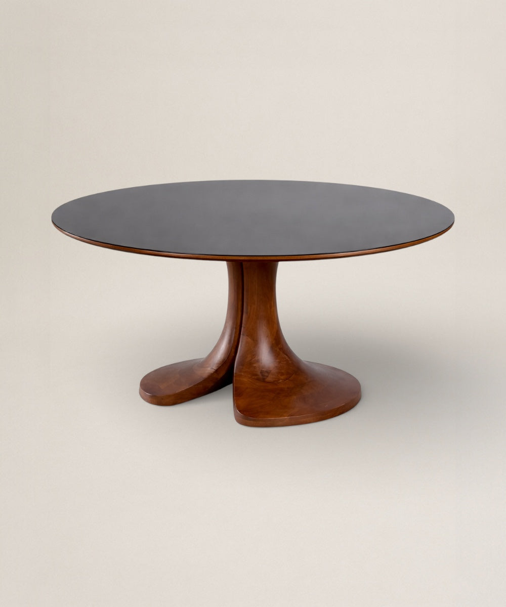 Mesa de Comedor Lina | Mesa Redonda con Top Cerámico Negro y Base de Madera Sólida