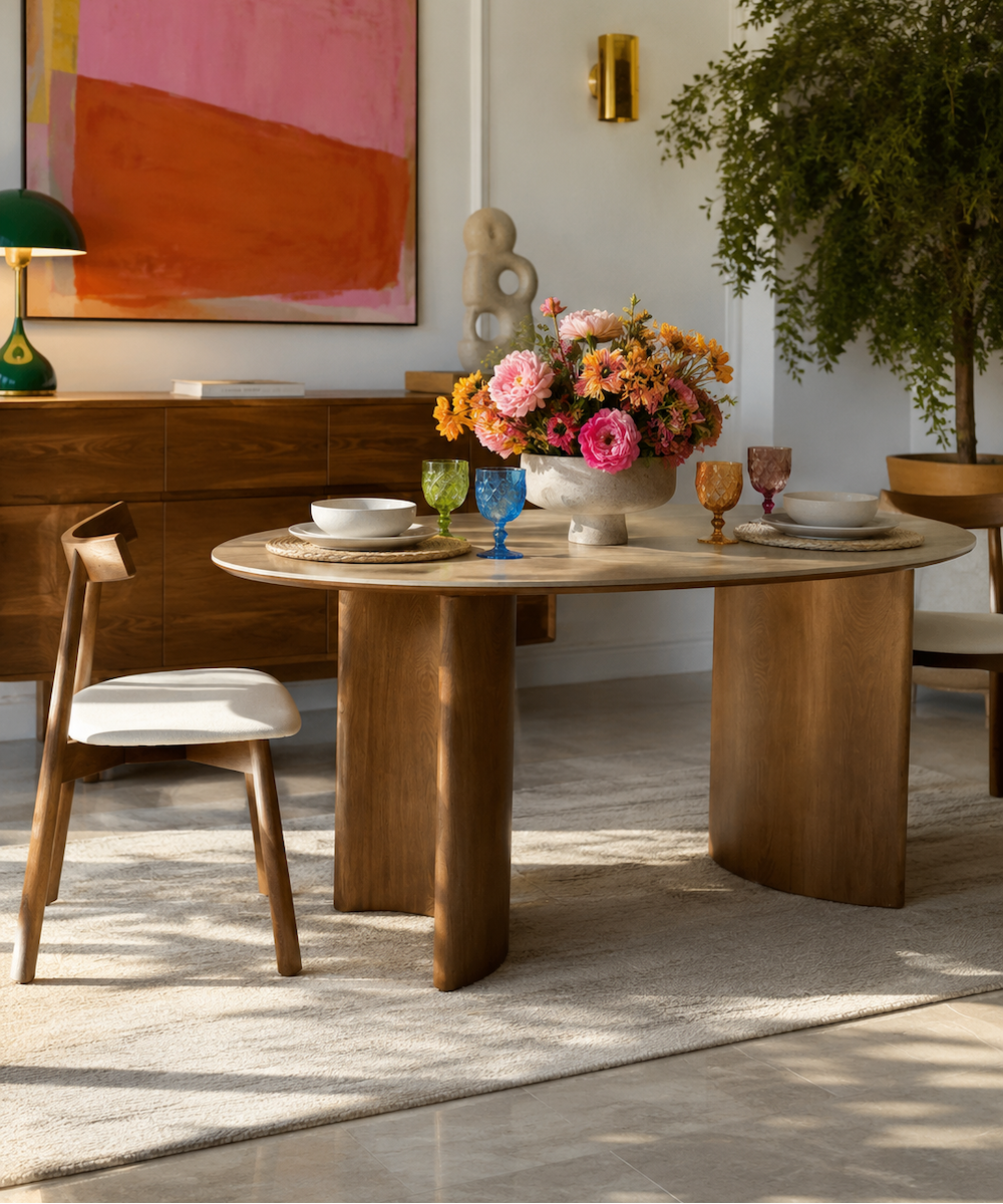 Mesa de Comedor Aura | Mesa con Top Cerámico Beige y Base de Madera